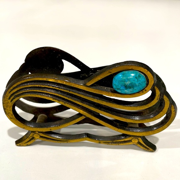 SOLID BRASS NAPKIN HOLDER w/ FAUX TURQUOISE Jerusalem Israel c1960s - Picture 2 of 3